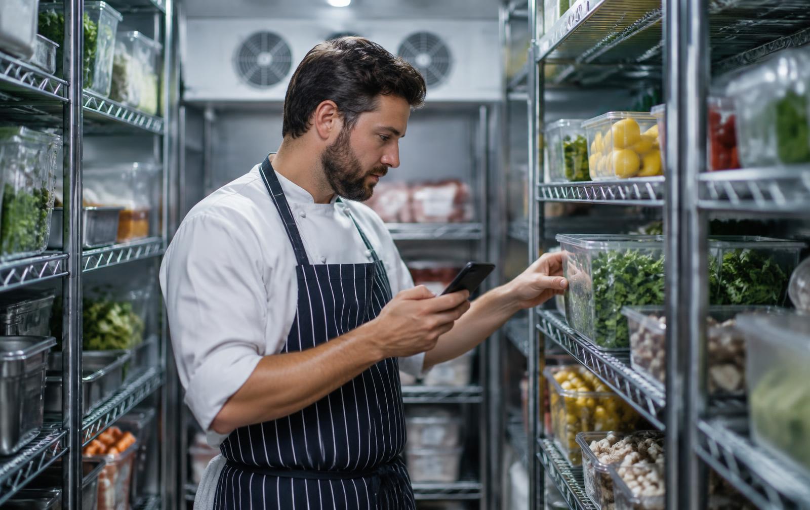 Chef checking stock inside a restaurant walk-in fridge